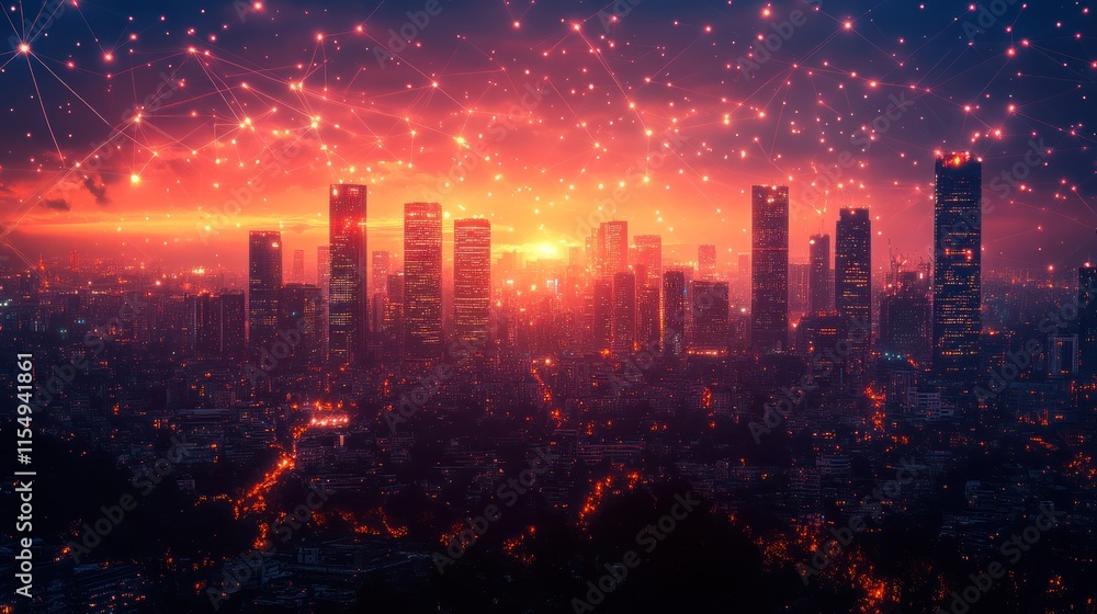 Fototapeta premium Sunset over a city skyline with sparkling effects.