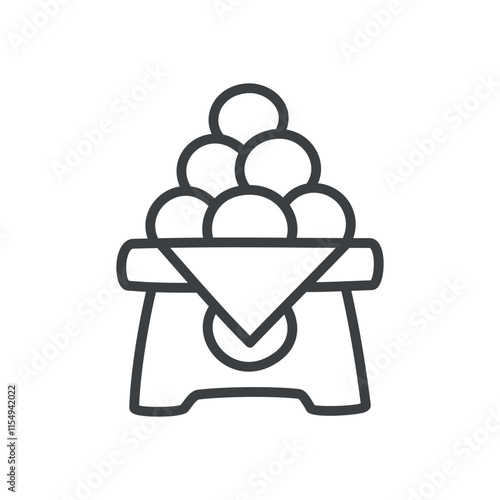 Cute tsukimi dango mochi icon. Hand drawn monochrome illustration of a traditional japanese sweet rice dumplings on a wooden tray isolated on a white background. Vector 10 EPS.