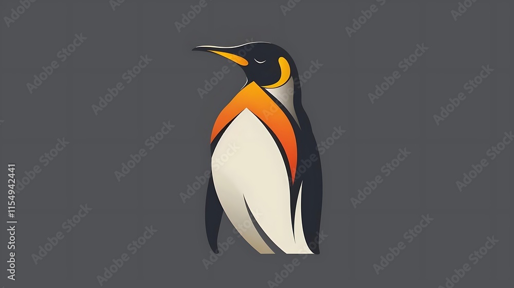 Fototapeta premium Majestic king penguin illustration, stylized design, elegant pose, isolated on gray background.