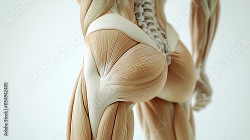 Detailed 3D anatomy of the human hip and gluteal muscles, natural shadows accentuating the curves and structure, educational labeling with soft light highlighting the muscles