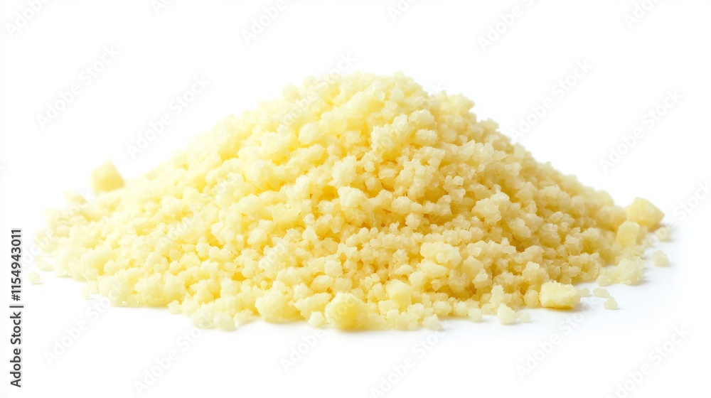 Millet (Panicum miliaceum): A neat pile of tiny, spherical millet grains in pale yellow tones, placed on an isolated white background. Millet (Panicum miliaceum): A neat pile of tiny, spherical millet grains in pale yellow tones, placed on an isolated white background.
