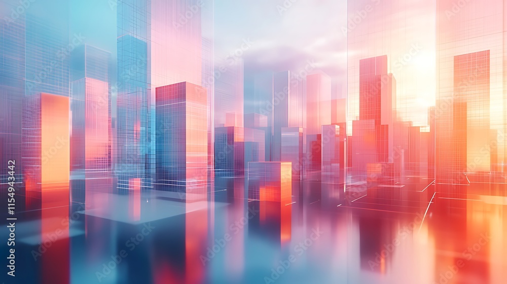 Abstract geometric 3D representation of real estate, cubic structures and floating valuation charts, soft pastel-colored lighting creating a calm atmosphere, minimalist design with a focus on Abstract geometric 3D representation of real estate, cubic structures and floating valuation charts, soft pastel-colored lighting creating a calm atmosphere, minimalist design with a focus on