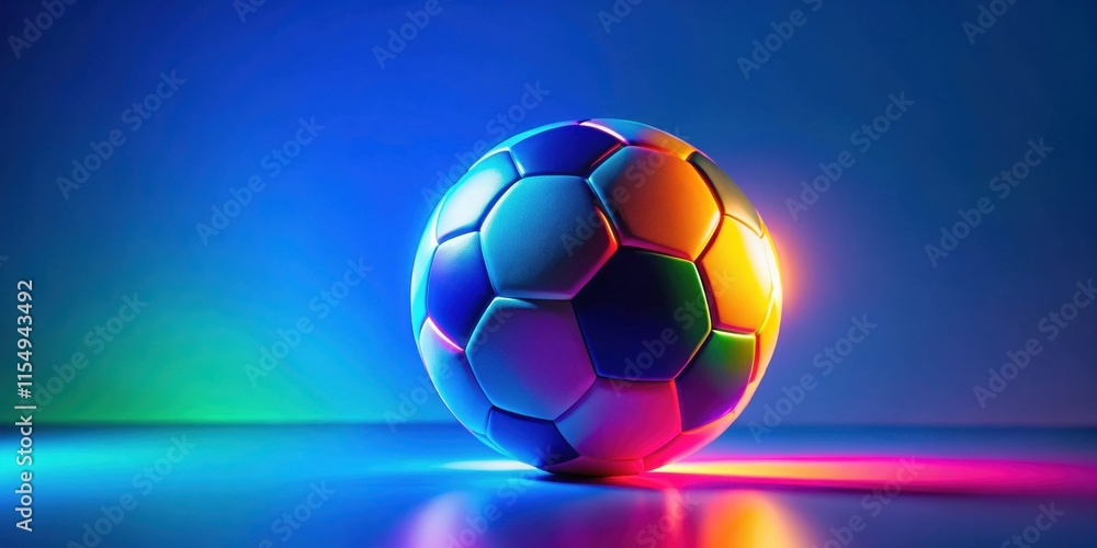 Fototapeta premium Vibrant Soccer Ball Illuminated by Neon Lights on a Reflective Surface