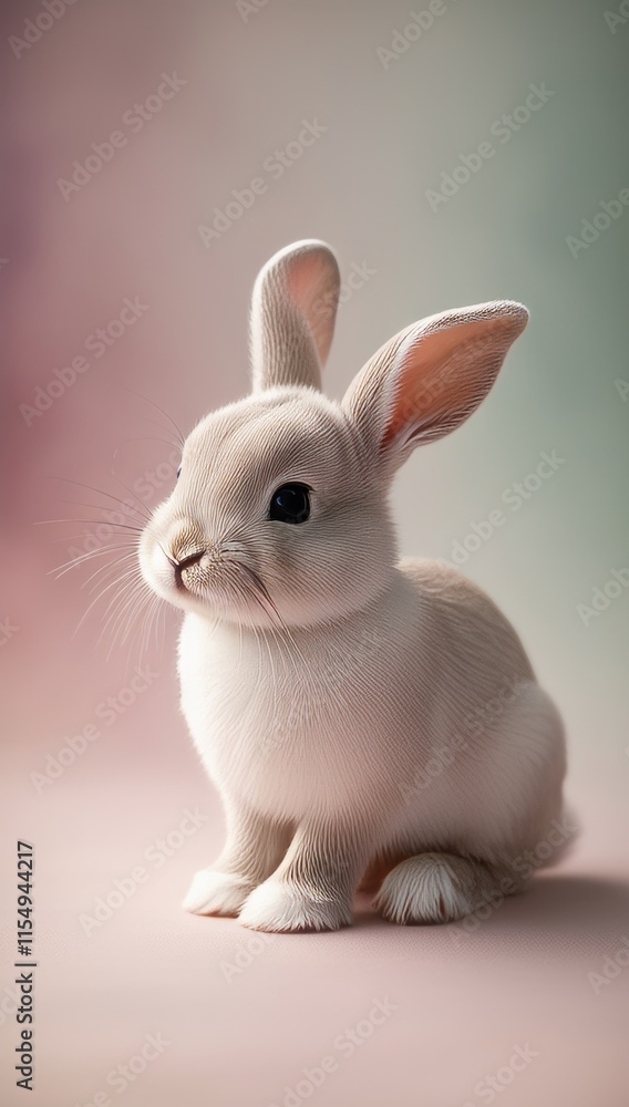 Obraz premium Healthy Lovely bunny easter fluffy white rabbit, cute baby rabbit against soft pastel background. Copy space for text. Symbol of easter festival animal
