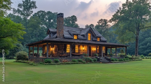 Cozy rustic house with warm lights set in a serene natural landscape.