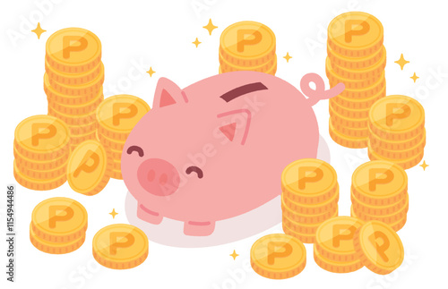 ポイントコインの山と豚の貯金箱のイラスト