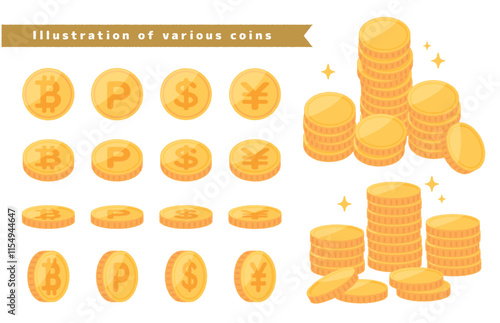 お金　仮想通貨　ポイントのイラスト素材集（円/ドル/ビットコイン/ポイント）