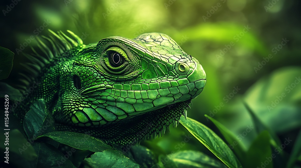 Obraz premium Emerald Iguana in Lush Green Jungle. Wildlife, Reptile, Nature.