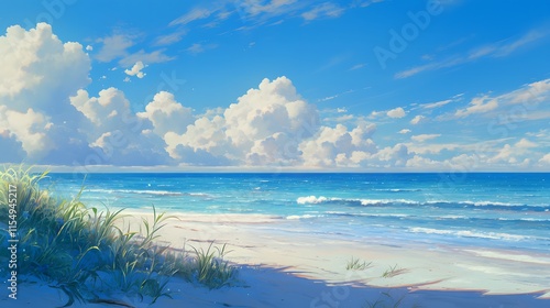 Wallpaper Mural Serene view of the beach under a blue sky, waves softly rolling, anime scenery. Torontodigital.ca