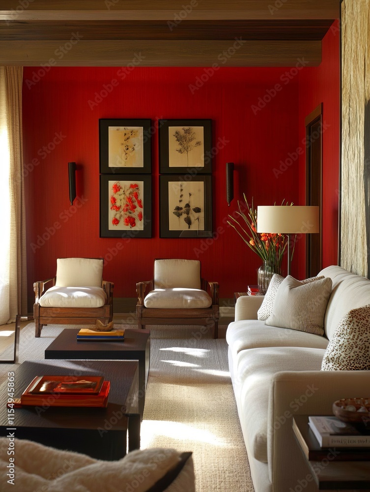 Fototapeta premium Red Room Interior Design With Modern Furniture And Artwork