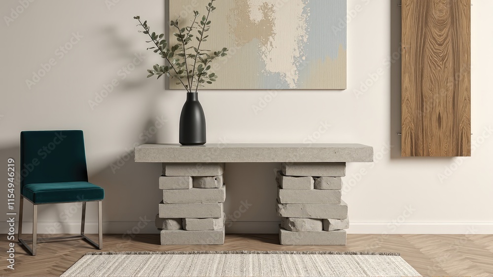 Generative AI,Modern concrete console with abstract decor. Generative AI,Modern concrete console with abstract decor.
