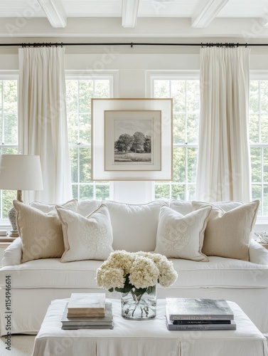 Serene Living Room Decor With White Sofa And Cream Pillows