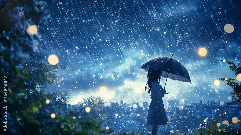 Anime girl with umbrella under starry night sky and falling rain | beautiful rainy night illustration