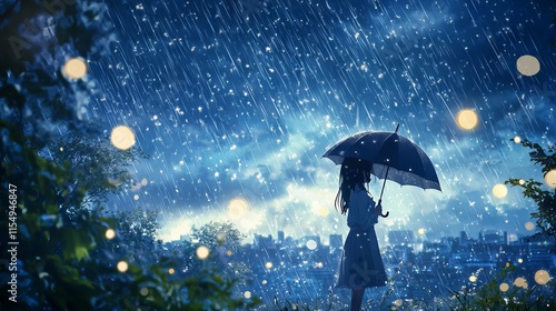 Obraz na płótnie Anime girl with umbrella under starry night sky and falling rain | beautiful rainy night illustration w salonie