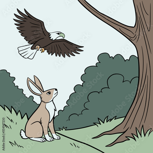 A detailed vector artwork of a Dutch rabbit anxiously watching an eagle, capturing a scene of tension and curiosity with precise artistic details.