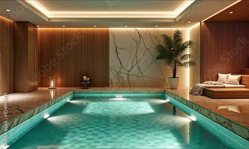 Wallpaper Mural A private spa retreat featuring a hydrotherapy pool, sauna, ambient lighting, marble finishes, and wood accents, serene and indulgent Torontodigital.ca