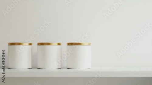 Clean Minimalist Display of Three White Jars with Gold Lids