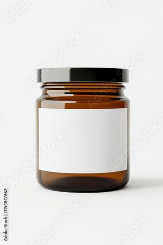Empty Amber Jar with Black Lid and White Label on a Plain Background