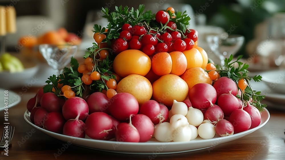 Colorful fruit and vegetable centerpiece. Colorful fruit and vegetable centerpiece.