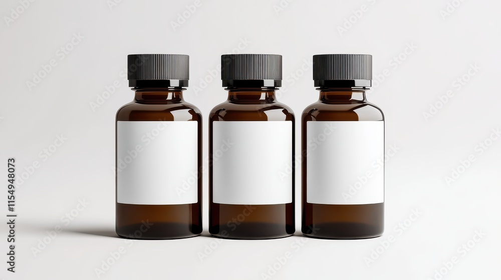 Three Amber Glass Bottles with Blank Labels on a White Background Three Amber Glass Bottles with Blank Labels on a White Background