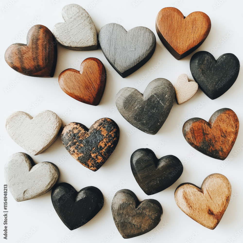 Fototapeta premium Collection of Handcrafted Wooden Heart Shapes in Various Colors and Textures Arranged on a Light Background Ideal for Love and Craft Themes