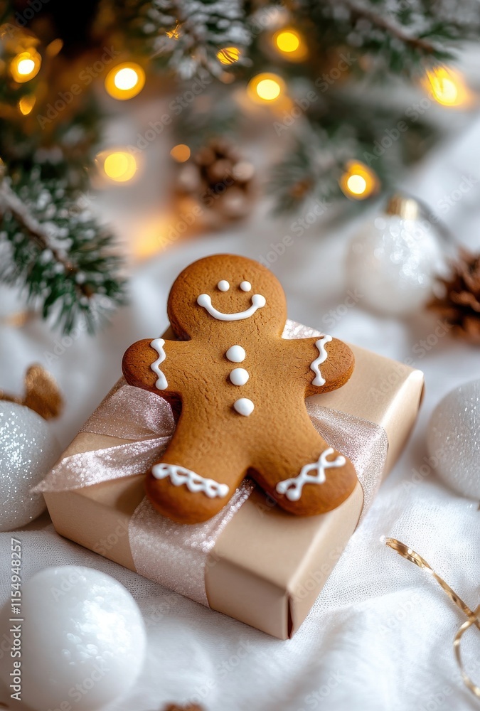 Festive Gingerbread Cookie Smiling on Top of a Wrapped Gift Box Surrounded by Holiday Decorations and Soft Lights for a Cozy Winter Atmosphere Festive Gingerbread Cookie Smiling on Top of a Wrapped Gift Box Surrounded by Holiday Decorations and Soft Lights for a Cozy Winter Atmosphere