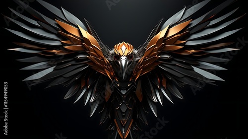 Metallic eagle with spread wings, dark background, digital art.
