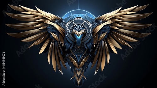 Futuristic robotic owl emblem with metallic gold and blue wings.
