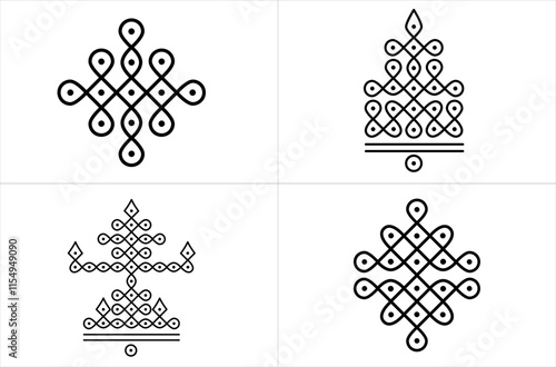 Set of Rangoli or Kolam design concept of line drawing isolated on white background - vector illustration