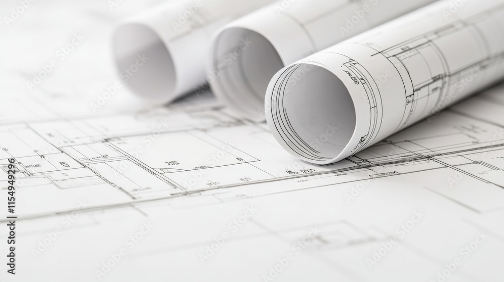 Detailed Architectural Blueprints and Technical Drawings Rolled Up on a Table, Showcasing Precision and Professional Planning for Construction Projects Detailed Architectural Blueprints and Technical Drawings Rolled Up on a Table, Showcasing Precision and Professional Planning for Construction Projects