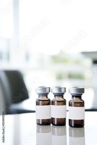 Three Glass Vials with Blank Labels on a Modern Table Surface