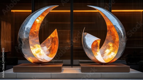 Two large, abstract sculptures with metallic and warm colors in a modern setting.