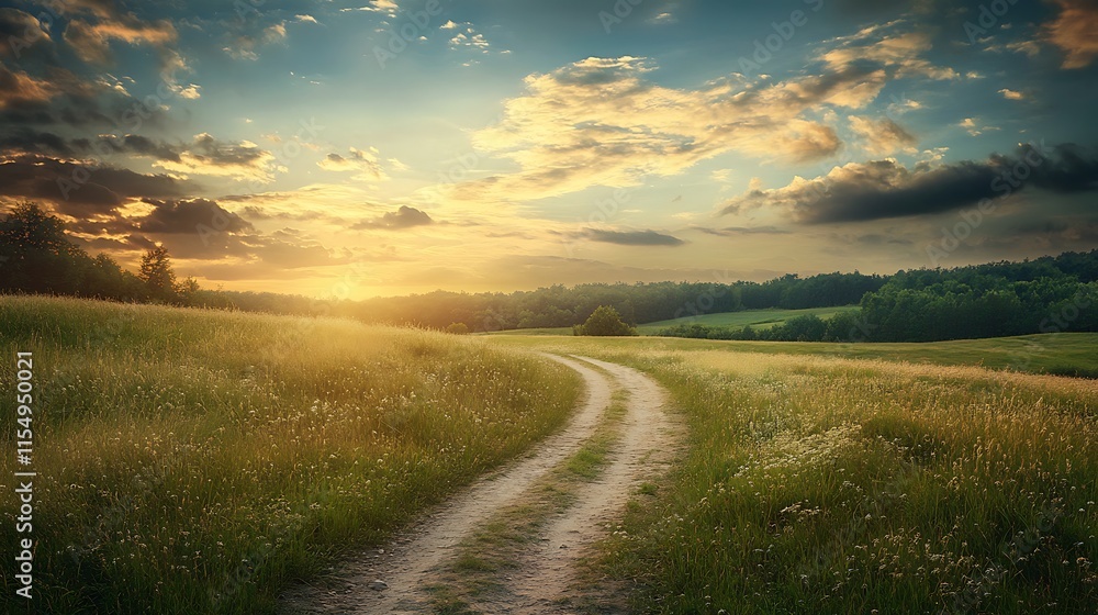 Sunset Country Road Through Meadow. Concept of Freedom, Journey, and Serenity. Sunset Country Road Through Meadow. Concept of Freedom, Journey, and Serenity.