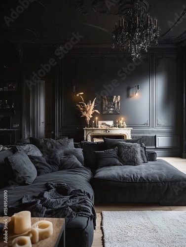 Dark Living Room Decor With Plush Sofa And Chandelier