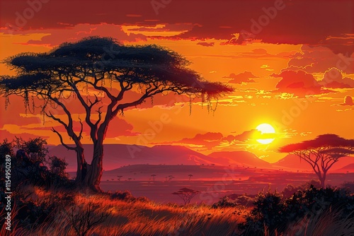 Depicting African sunset over savannah