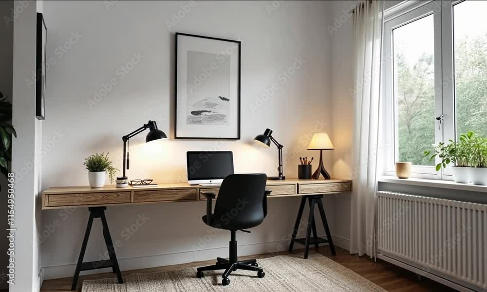 A Scandinavian-inspired home office with clean lines, a natural wood desk, white walls, minimalist black accents, ergonomic furniture, and warm ambient lighting A Scandinavian-inspired home office with clean lines, a natural wood desk, white walls, minimalist black accents, ergonomic furniture, and warm ambient lighting