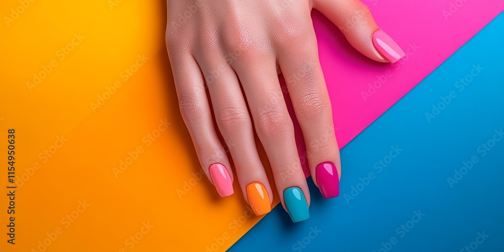 Hands showcasing a beautiful manicure on a vibrant color background, highlighting the elegance and artistry of the manicure design. Experience the appeal of beautiful manicure on display. Hands showcasing a beautiful manicure on a vibrant color background, highlighting the elegance and artistry of the manicure design. Experience the appeal of beautiful manicure on display.