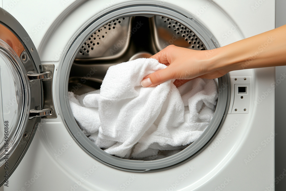 person is holding a white towel in a dryer. Concept of warmth and comfort, as the person is taking care of their laundry person is holding a white towel in a dryer. Concept of warmth and comfort, as the person is taking care of their laundry
