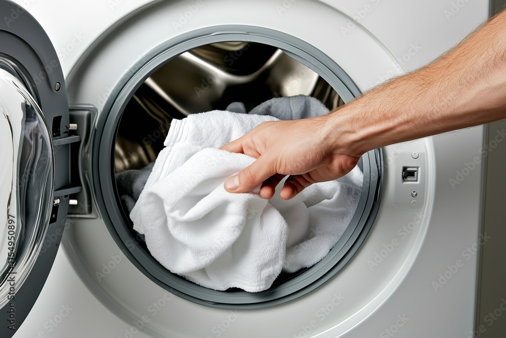 person is holding a white towel in a dryer. Concept of warmth and comfort, as the person is taking care of their laundry person is holding a white towel in a dryer. Concept of warmth and comfort, as the person is taking care of their laundry