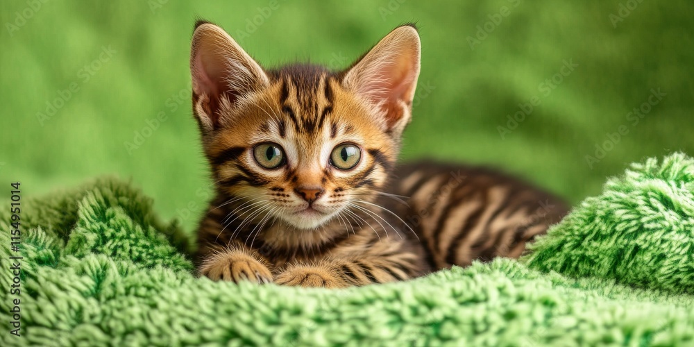 Bengal kitten resting gracefully on a vibrant green background, showcasing the unique charm and beauty of the Bengal kitten in a delightful setting filled with colors. Bengal kitten resting gracefully on a vibrant green background, showcasing the unique charm and beauty of the Bengal kitten in a delightful setting filled with colors.