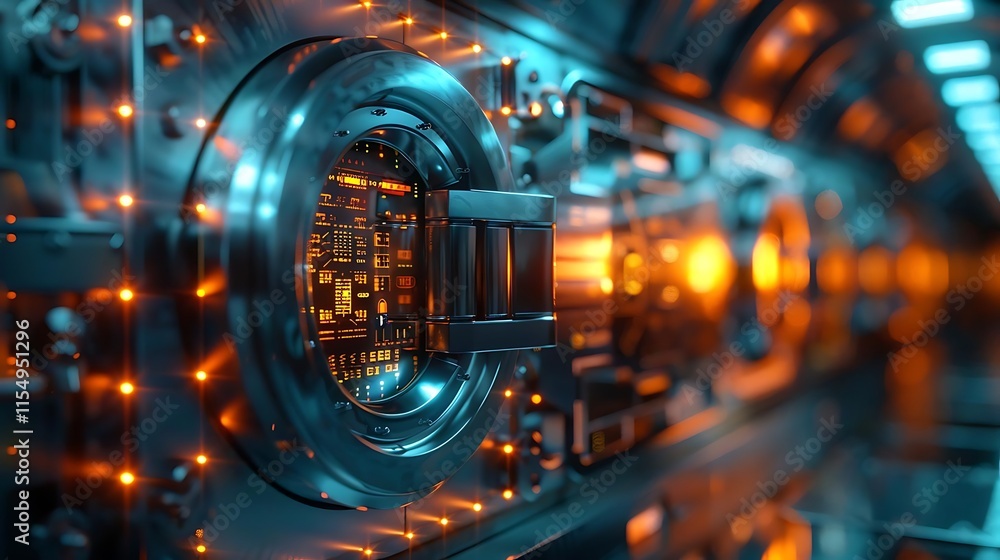 Futuristic metallic vault with glowing circuit board inside. Futuristic metallic vault with glowing circuit board inside.