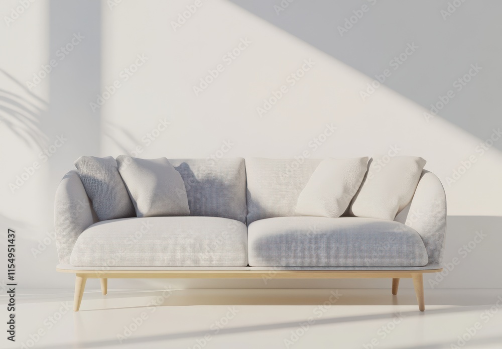 Modern minimalist white sofa with soft cushions in bright room Modern minimalist white sofa with soft cushions in bright room