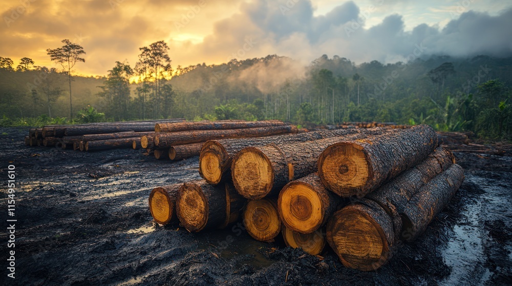 Logs stacked in a forested area at sunset. Logs stacked in a forested area at sunset.
