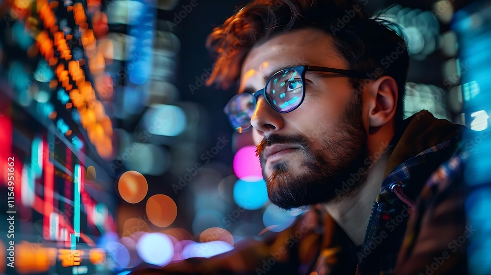 Focused man in glasses analyzing data on a screen at night. Focused man in glasses analyzing data on a screen at night.