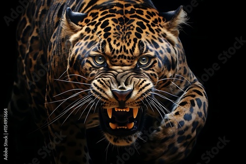 Close-up of a snarling leopard against a black background, showcasing its powerful build, intense eyes, and sharp teeth.