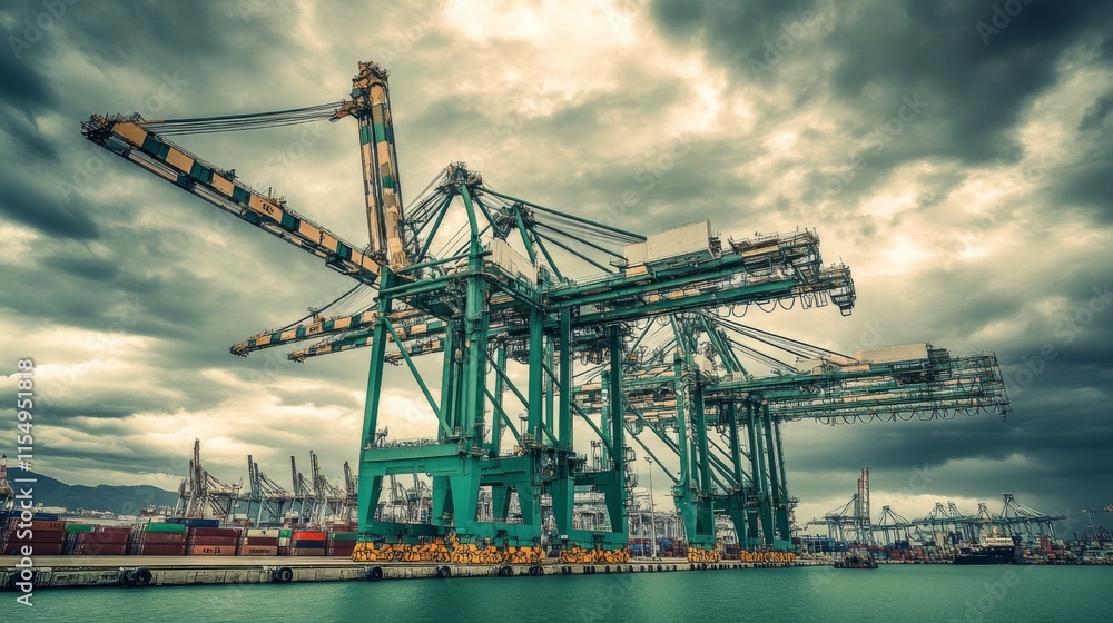 Industrial Port with Cranes and Shipping Containers Under Dramatic Cloudy Sky, Emphasizing Maritime Operations and Freight Movement in Urban Environment Industrial Port with Cranes and Shipping Containers Under Dramatic Cloudy Sky, Emphasizing Maritime Operations and Freight Movement in Urban Environment