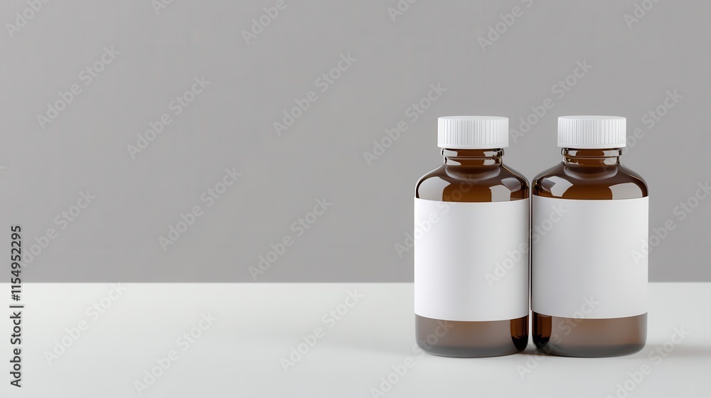 Two Brown Glass Bottles with White Caps and Blank Labels on Table