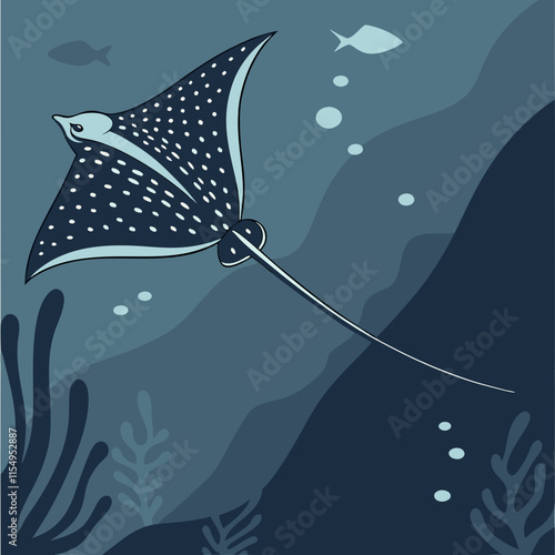 Illustration of an eagle ray gracefully swimming in the deep sea, showcasing its unique pattern and serene aquatic environment. Perfect for marine-themed designs and projects.