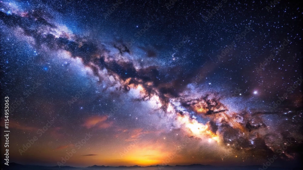 Celestial Canvas A breathtaking panorama of the night sky, showcasing the Milky Way's vibrant arc against a backdrop of countless stars and a fiery sunset horizon. Celestial Canvas A breathtaking panorama of the night sky, showcasing the Milky Way's vibrant arc against a backdrop of countless stars and a fiery sunset horizon.