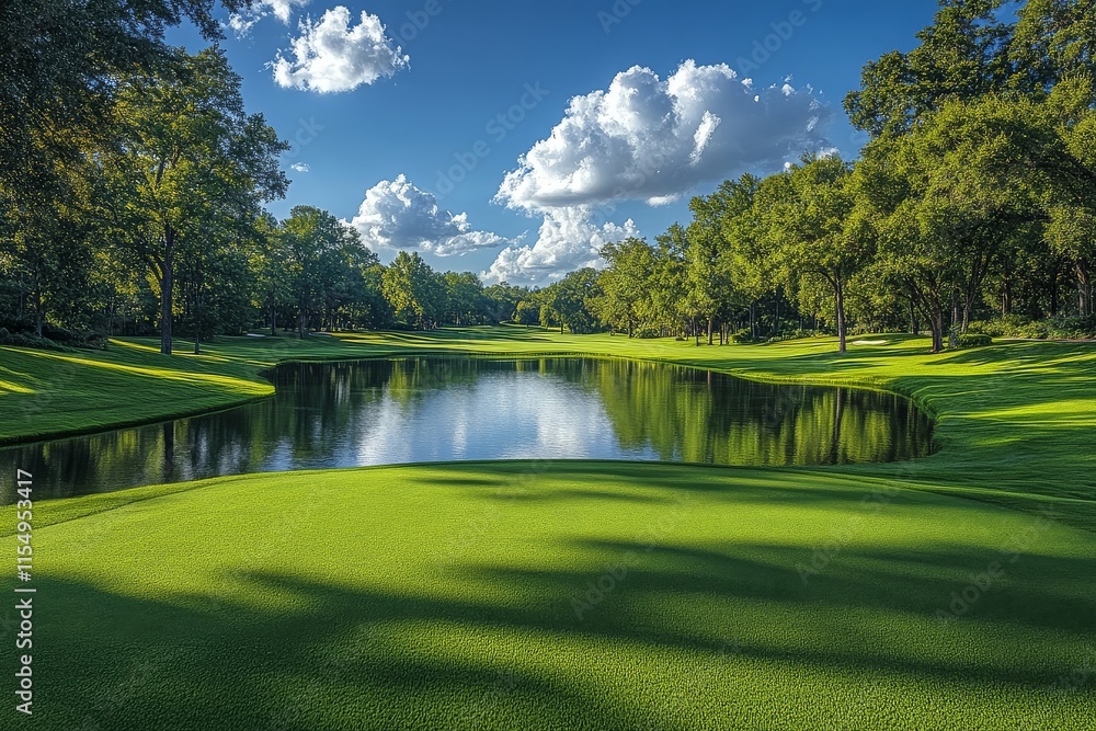 Beautiful green grass golf course landscape with lake, trees, blue sky, and white clouds under bright sunshine. High-resolution serene outdoor scenery. Beautiful green grass golf course landscape with lake, trees, blue sky, and white clouds under bright sunshine. High-resolution serene outdoor scenery.